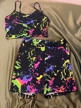 Neon Paint Splatter Crop Top and Shorts Set